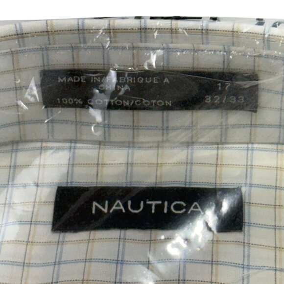 Nautica Mens Dress Shirt 100% Cotton White & Blue Plaid Button-Up Size 17 32/33 - Picture 4 of 7